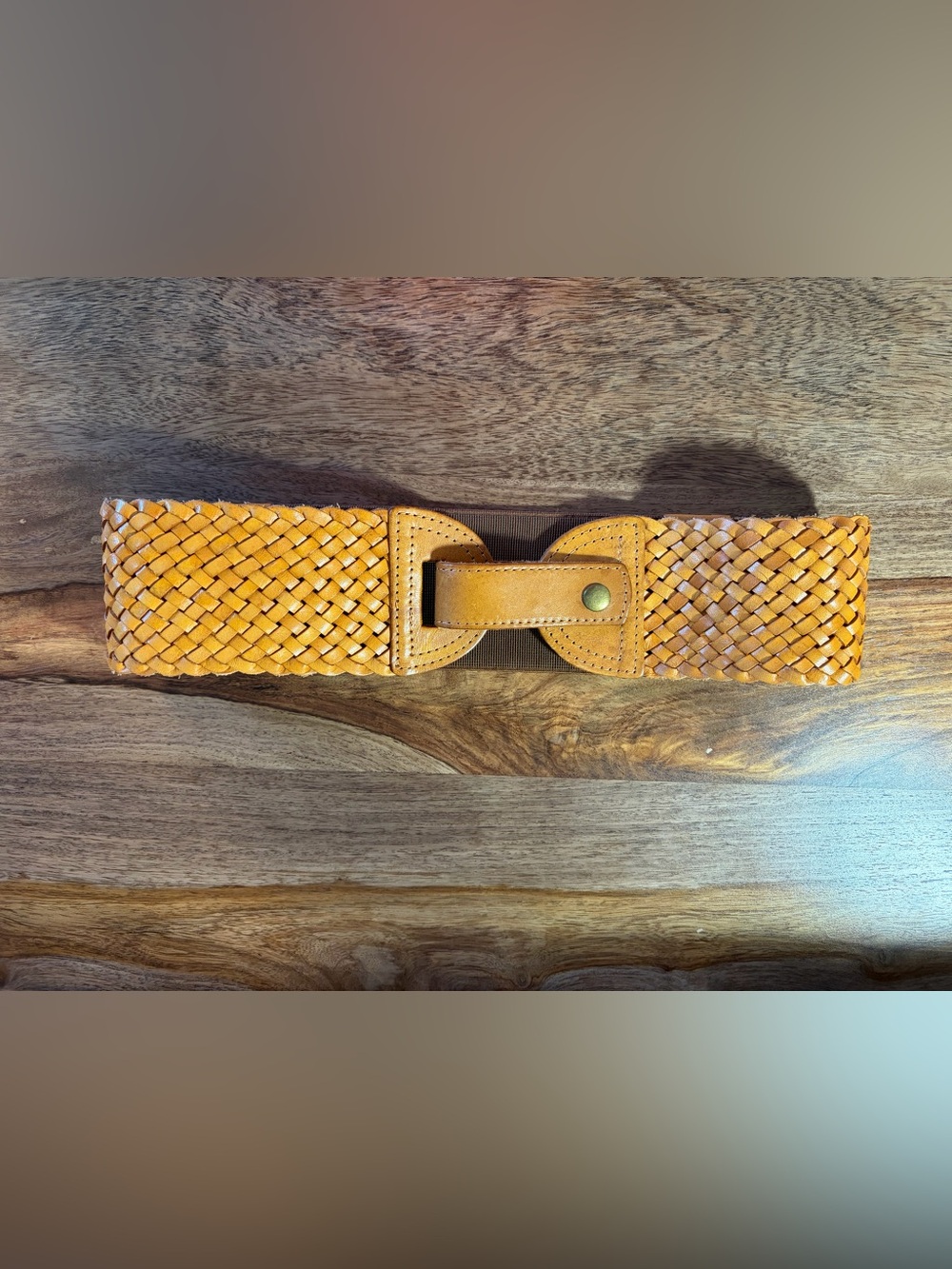 Leather Woven Stretch Waist Belt with Snap Closure in Honey - Mustard Color